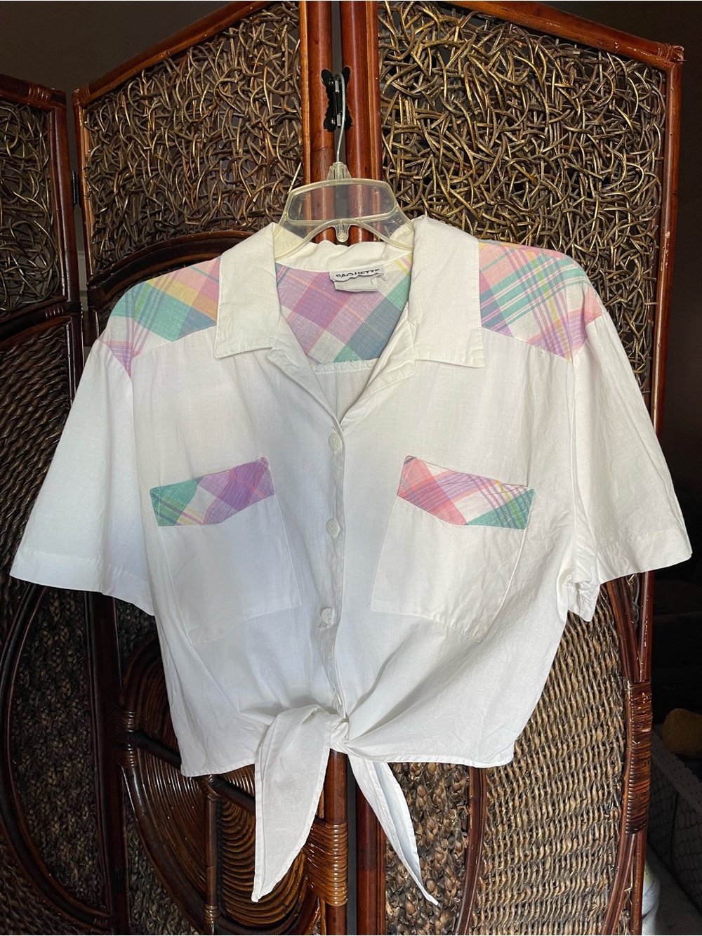 PAQUETTE     L Tie-Front Blouse with Pastel Plaid Accents